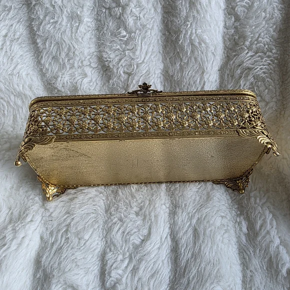 Vintage 24k Gold Plated Jewelry Box with Glass Cover.